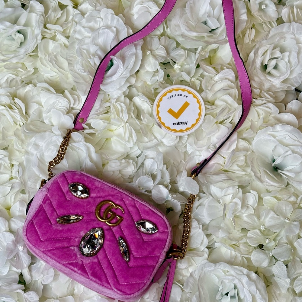 Gucci GG Pink Marmont Matelasse Velvet Crossbody Bag Rhinestones- Authentic